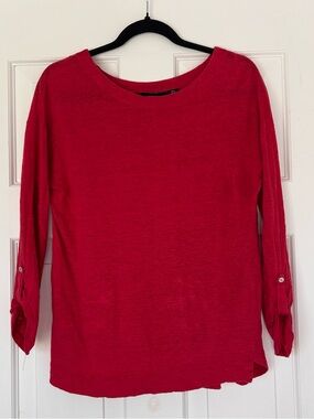 100% Linen Adrienne Vittadini Red Lightweight Boatneck Long-Sleeve Top